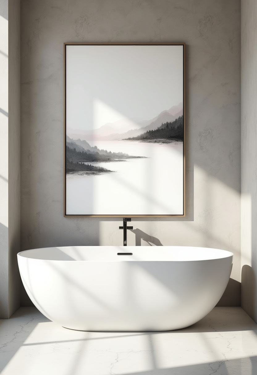Capture coastal serenity with this abstract ocean painting above a sleek vanity. The swirling blues and sandy hues bring a refreshing splash of beachy vibes to the bathroom.
#CoastalBathroom #OceanInspiredDecor #AbstractArt #BlueBathroomIdeas #BeachStyleHome