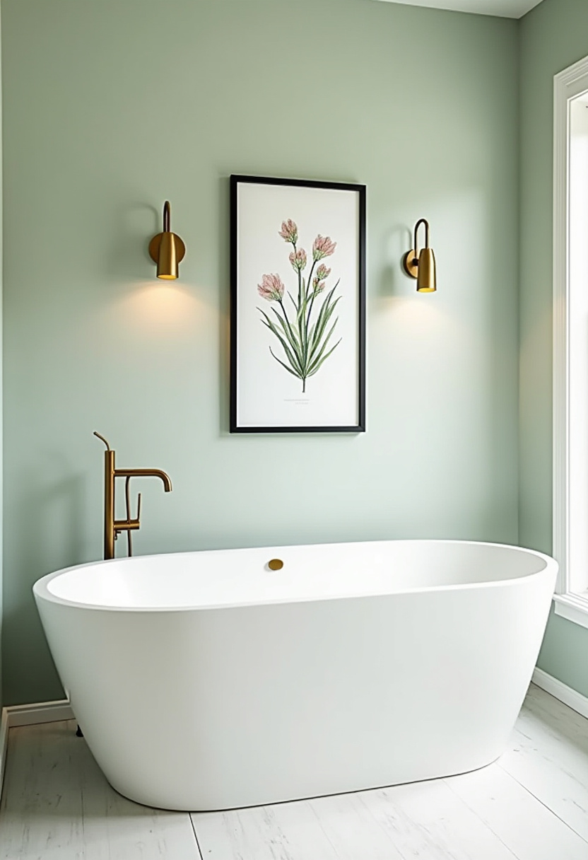 Turn your bathroom into a tranquil oasis with this freestanding tub, gold fixtures, and botanical artwork on a soft green wall. Elegant lighting completes the peaceful spa-like atmosphere. Pin now for soothing bathroom ideas!
#SpaBathroom #FreestandingTub #GreenBathroom #BotanicalWallArt #GoldFaucet