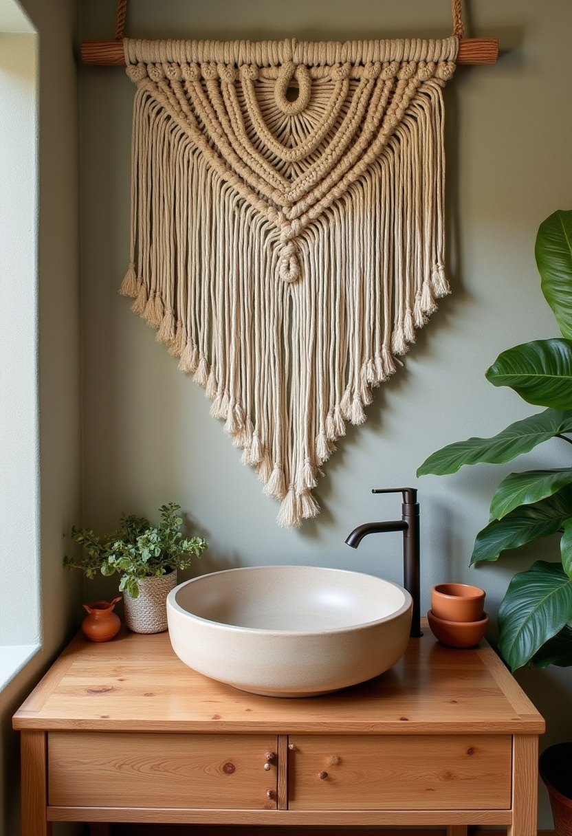 Create a peaceful boho retreat with a wooden vanity, vessel sink, and macramé wall hanging. Potted plants and sage-green walls complete the relaxed, earthy vibe. Pin now for natural boho bathroom inspiration!
#BohoBathroom #SageGreenDecor #WoodVanity #MacrameWallArt #EarthyBathroom