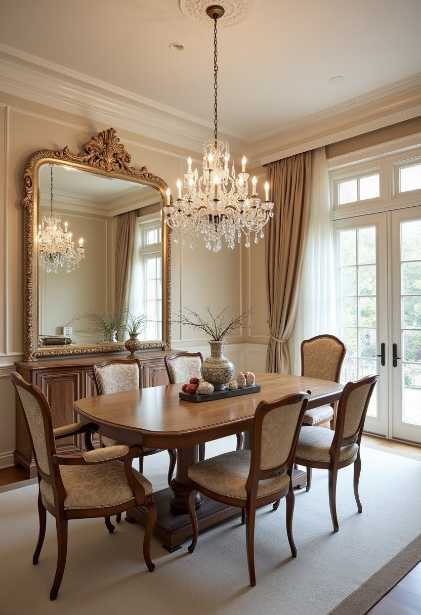 10. Transform your home with this elegant dining room design featuring a beautiful wooden table and six stylish chairs. This classic dining room setup, complete with a crystal chandelier and ornate mirror, creates a sophisticated ambiance perfect for hosting memorable dinners. If you love neutral tones and timeless interior design, this inspiration is a must-see for your next decor update. Pin now for chic dining room ideas and elevate your living space today!
#DiningRoomDecor #ElegantInteriors #HomeDesignIdeas #ClassicDiningRoom #InteriorInspo