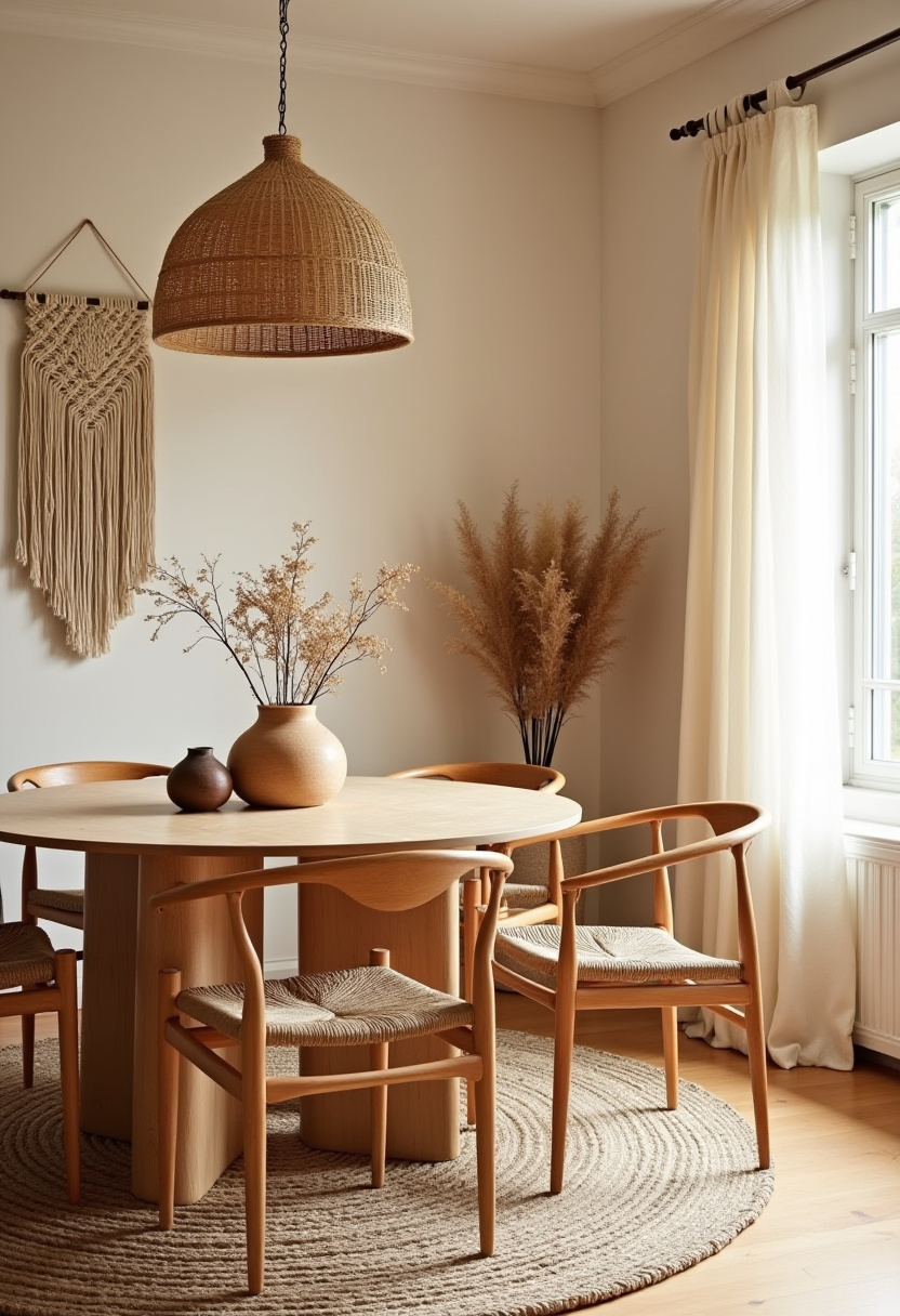 11. Create a cozy dining room vibe with this charming round wooden table and four comfortable chairs. Featuring natural decor elements like a macramé wall hanging and a large woven pendant light, this space brings warmth and inviting style to your home. If you’re looking for rustic dining room ideas with a soft, warm ambiance, this design is perfect for your next makeover. Save this pin for easy inspiration to transform your dining area today!
#CozyDiningRoom #RusticHomeDecor #NaturalInterior #WarmAmbiance #DiningRoomInspo