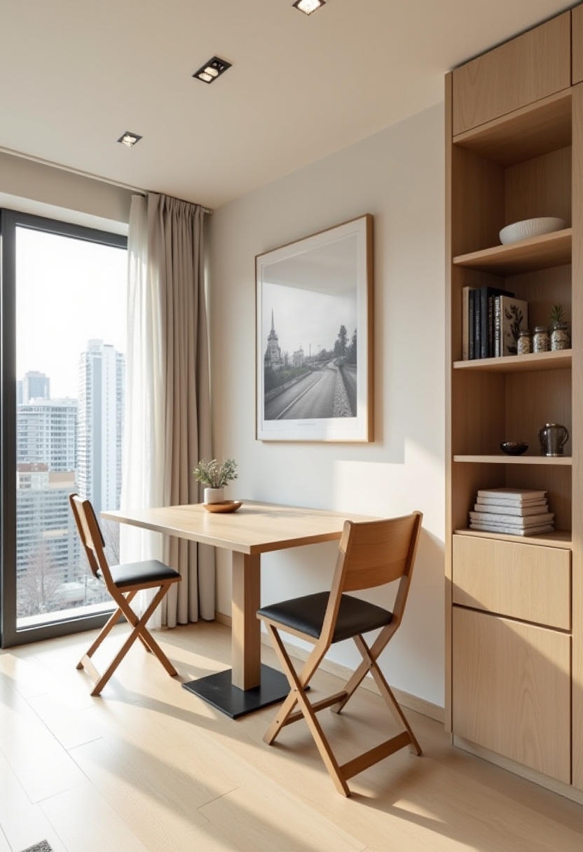 13. Looking to create a chic and cozy spot? This modern dining nook with a wooden table and two chairs by a large window offers the perfect blend of style and function. With striking black-and-white art and a lush potted plant, it’s an ideal design for small spaces and urban living. Save this pin to inspire your own stylish dining corner with a city view!
#ModernDiningNook #SmallSpaceDesign #UrbanLiving #CozyDiningArea #HomeDecorIdeas