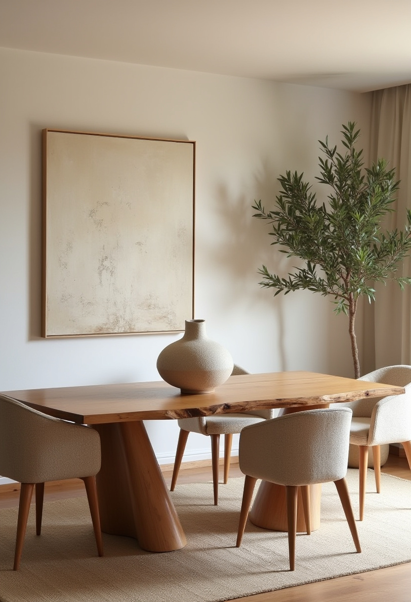 14. Transform your space with this minimalist dining room featuring a sleek wooden table and four beige chairs that offer both comfort and style. The ceramic vase centerpiece, large abstract painting, and vibrant potted plant add a touch of elegance and modern charm. Perfect for those seeking simple yet sophisticated dining room ideas to elevate their home. Save this pin for fresh inspiration and effortless decor tips!
#MinimalistDiningRoom #ModernHomeDecor #ElegantInteriors #DiningRoomInspiration #SimpleLiving