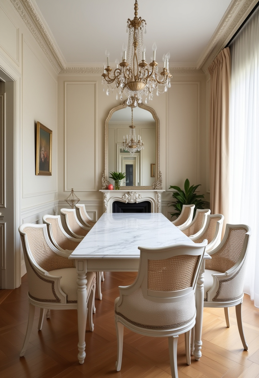 17. Step into elegance with this stunning dining room featuring a long white marble table and plush cushioned chairs that invite comfort and style. The sparkling chandelier and large mirror above the fireplace beautifully reflect natural light from tall windows framed by beige curtains, creating a bright and luxurious atmosphere. Perfect for those seeking sophisticated dining room ideas to elevate their home. Save this pin for timeless inspiration and chic decor tips!
#ElegantDiningRoom #MarbleTable #LuxuryHomeDecor #ChicInteriors #DiningRoomInspo