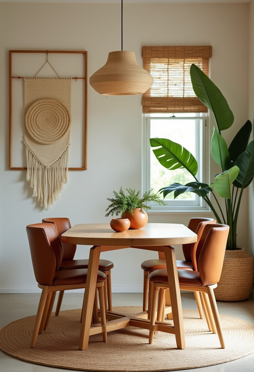 18. Create a cozy dining room that feels warm and inviting with a wooden table paired perfectly with brown leather chairs. Natural elements like potted plants, a woven rug, and macramé wall art add texture and charm, while the pendant light completes the relaxed ambiance. If you're looking for rustic and boho dining room ideas, this space is full of inspiration. Save this pin to bring comfort and style into your home!
#CozyDiningRoom #RusticDecor #BohoStyle #WarmInteriors #DiningRoomInspo