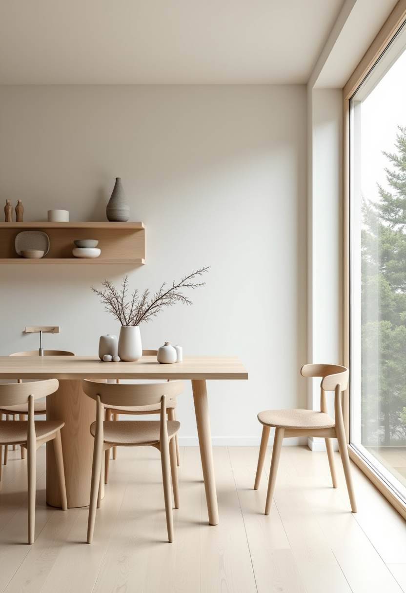 19. Bring calm and simplicity to your home with this minimalist dining room featuring a light wooden table and chairs in soft beige tones. The large window fills the space with natural light and offers a peaceful view of trees, creating a serene dining experience. Perfect for anyone seeking clean, modern dining room ideas with a touch of nature. Save this pin for your next home decor inspiration!
#MinimalistDiningRoom #NaturalLight #ModernHomeDecor #SereneSpaces #DiningRoomInspo