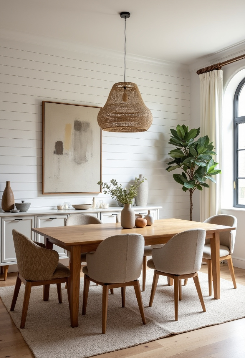20. Create a warm and inviting dining room with a wooden table and six beige chairs that blend comfort with timeless style. The woven pendant light, white shiplap walls, abstract art, and lush greenery add elegant texture and charm to the space. Perfect for those looking for cozy dining room decor ideas with a modern farmhouse twist. Save this pin for effortless inspiration to elevate your home!
#WarmDiningRoom #FarmhouseStyle #CozyHomeDecor #ElegantInteriors #DiningRoomInspo