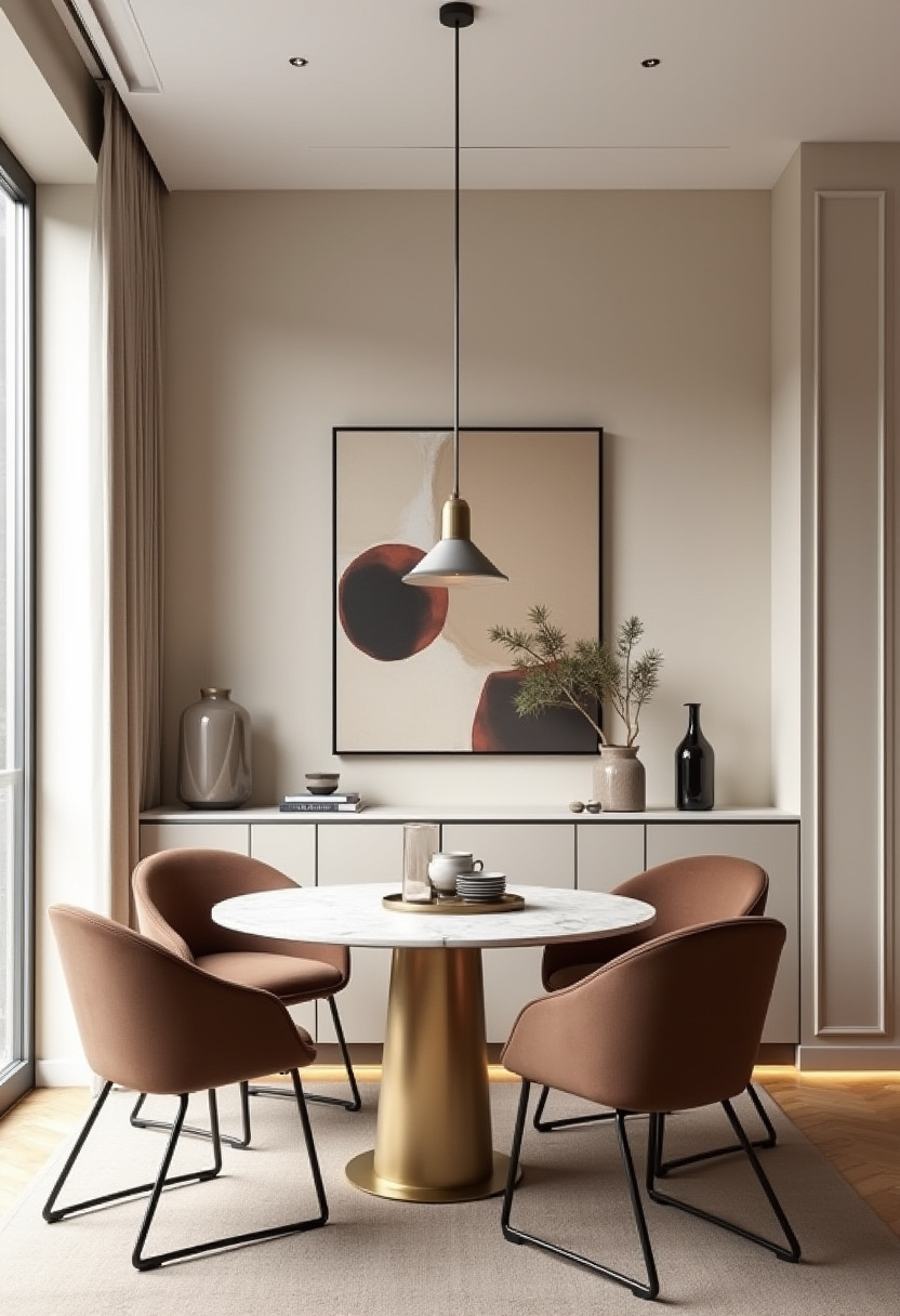 3. Elevate your space with this elegant dining room featuring a stunning round white marble table with a gold base—a true centerpiece of modern decor. The warm brown chairs, abstract wall art, and decorative vases add a luxurious yet contemporary touch, perfect for chic dining room ideas or glam home inspiration. Whether you're designing from scratch or updating your look, this setup blends sophistication with style effortlessly. Save this pin for your next interior upgrade!
Hashtags:
#ElegantDiningRoom #ModernHomeDecor #MarbleTableInspo #DiningRoomDesign #ContemporaryInteriors #GlamHomeStyle #InteriorDesignIdeas #ChicDiningRoom
