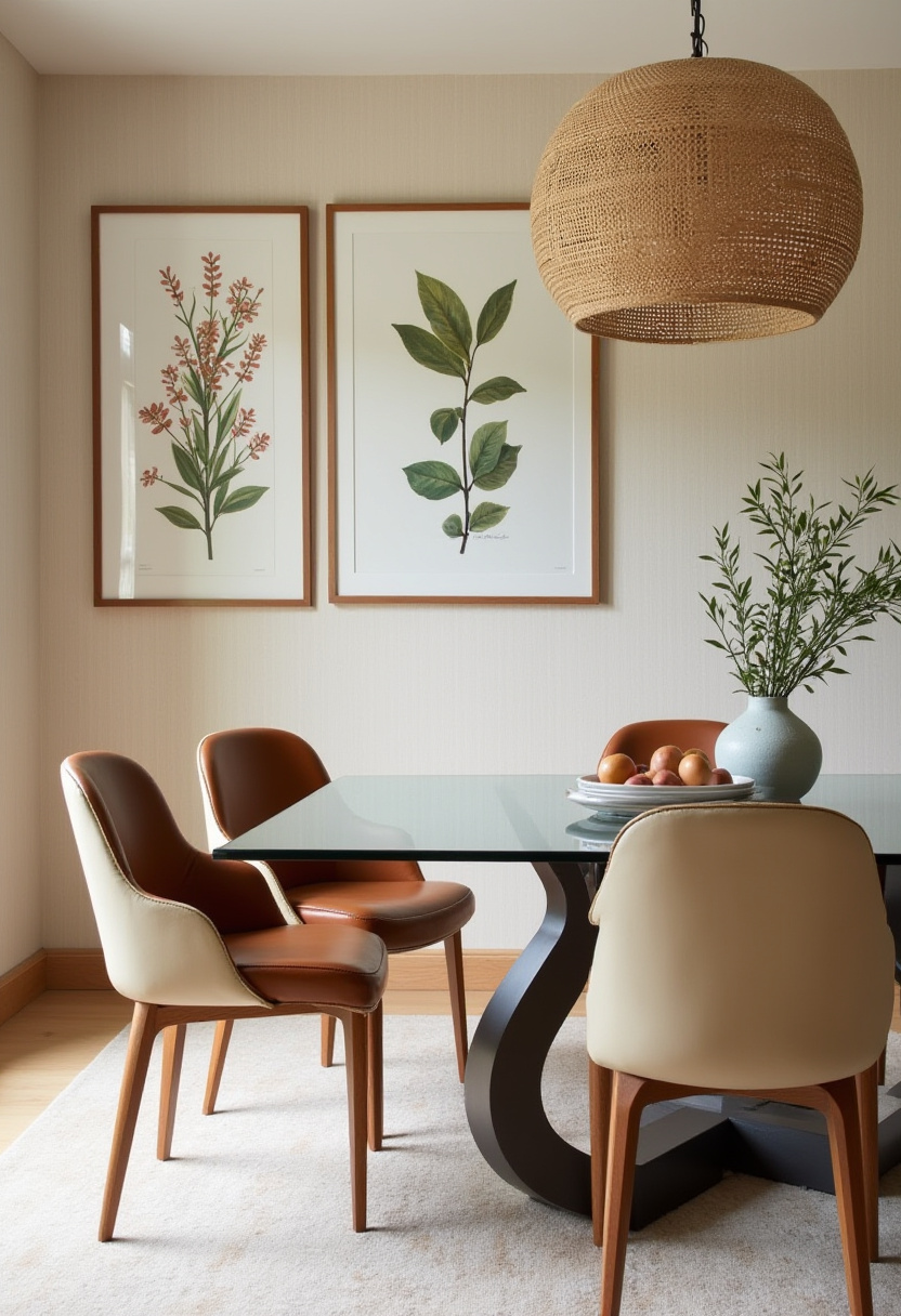 4. Add a touch of elegance to your modern dining room with this stunning glass table paired with rich brown leather chairs. The botanical wall art, woven pendant light, and fresh greenery bring in warmth and texture—perfect for lovers of contemporary home decor and minimalistic design. This space is a great inspiration for updating your dining area with natural tones and clean lines. Save this pin for your next dining room makeover or interior styling ideas!
Hashtags:
#ModernDiningRoom #GlassTableDesign #ContemporaryHomeDecor #DiningRoomInspo #LeatherChairs #MinimalistInterior #HomeDecorInspiration #BotanicalWallArt