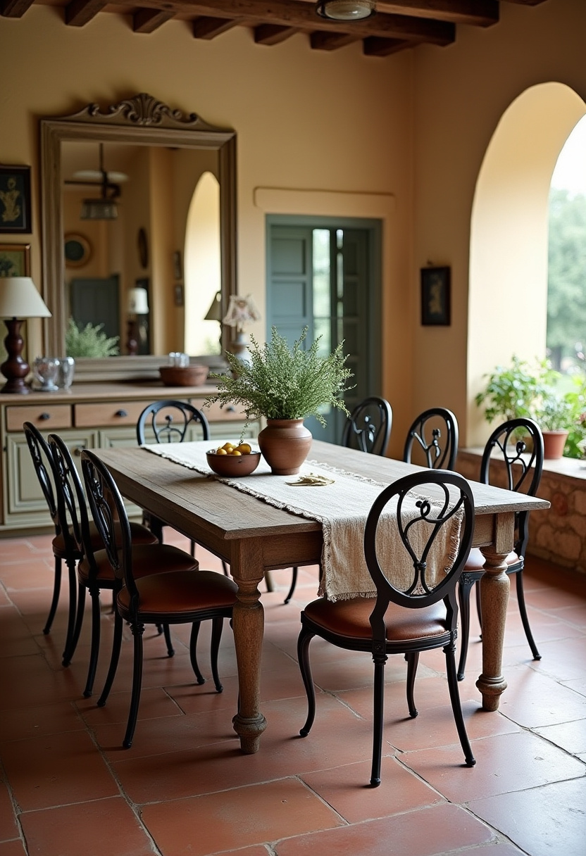 5. Love a warm, inviting space? This elegant dining room with a rustic wooden table and iron chairs combines timeless charm with cozy farmhouse style. The large mirror enhances natural light while the greenery adds a fresh, organic touch—perfect for those who adore rustic decor and sunlit interiors. Pin now for your next dining room design inspiration!
Hashtags:
#RusticDiningRoom #FarmhouseDecor #ElegantHomeStyle #DiningRoomInspo #RusticWoodTable #CozyInteriors #IronChairs #HomeDecorIdeas