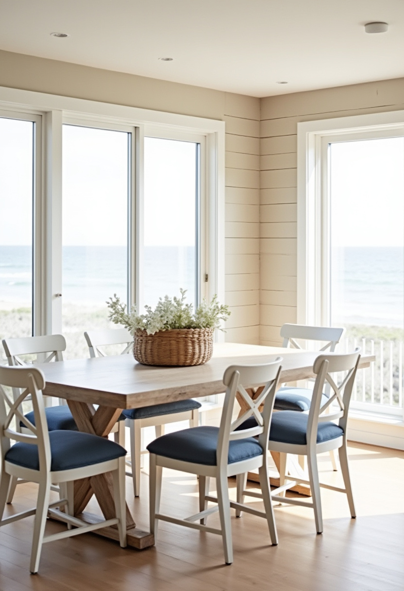 6. Breathe life into your space with this bright dining room that perfectly blends coastal charm and natural light. Featuring a wooden table, blue-cushioned chairs, and a beautiful basket of flowers, this ocean view setup is ideal for coastal decor lovers and beach house style inspiration. The sunlight pouring through large windows creates a serene, airy atmosphere you’ll want to recreate. Pin this now for your dream seaside dining room inspiration!
Hashtags:
#CoastalDiningRoom #BeachHouseDecor #OceanViewHome #BrightInteriorDesign #DiningRoomInspo #BlueAndWoodDecor #SeasideStyle #HomeDecorGoals