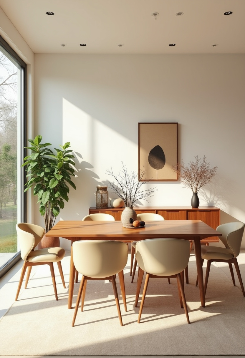 7. Transform your space with this sunlit dining room that beautifully showcases natural textures and earthy tones. The wooden dining table, beige chairs, and nature-inspired decor—like the large plant, leaf print, and branch-filled vases—create a warm, organic vibe perfect for modern rustic or Scandinavian interiors. It’s an ideal setup for anyone looking to bring light and nature into their home design. Pin now for cozy dining room inspiration that feels fresh and timeless!
Hashtags:
#SunlitDiningRoom #NaturalHomeDecor #ModernRusticStyle #ScandinavianInteriors #DiningRoomInspo #WoodFurnitureDesign #EarthyTones #CozyHomeDecor