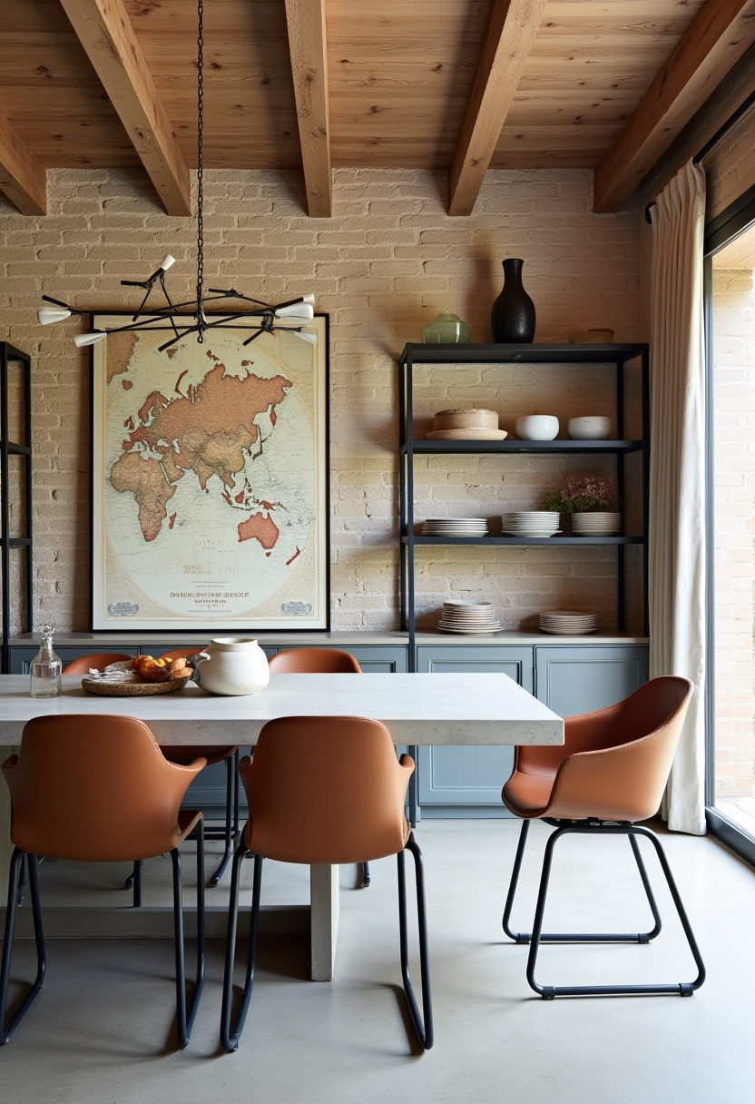 8. Step into this stunning minimalist dining room where modern design meets personality and function. The light wooden table, bold orange chairs, and large world map on a brick wall add a creative twist to clean, contemporary dining spaces. Open shelving and a sleek chandelier bring balance and warmth—perfect for fans of minimalist decor, urban loft style, or eclectic dining room ideas. Save this pin for your next home design upgrade!
Hashtags:
#MinimalistDiningRoom #ModernHomeDecor #UrbanLoftStyle #EclecticInteriors #DiningRoomInspo #ContemporaryDesign #OpenShelvingIdeas #BrickWallDecor