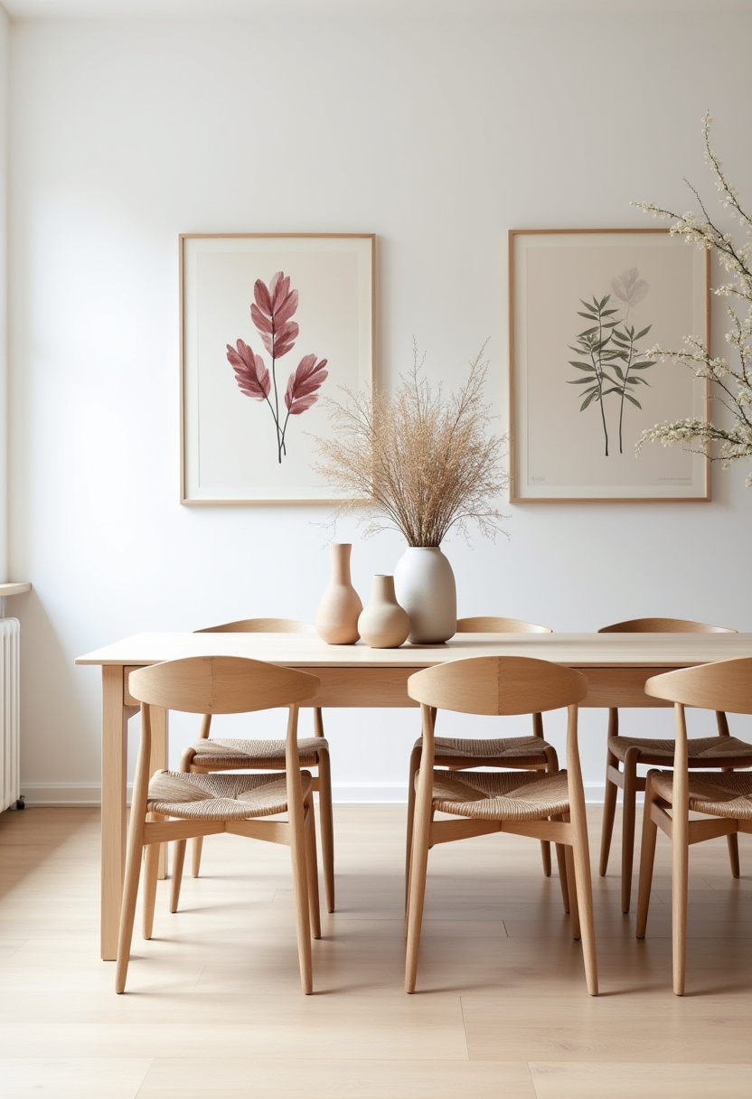 Simplicity shines in this minimalist dining room, where clean lines and natural textures create a calm, curated space. A wooden table with six chairs, framed botanical prints, and vases filled with dried plants offer a touch of organic elegance. Perfect for lovers of minimalist home decor, Scandinavian style, and neutral interior design. Pin this look for your next home refresh and follow for more serene, modern inspiration!
#MinimalistDiningRoom #ScandinavianStyle #NeutralHomeDecor #BotanicalWallArt #DriedPlantDecor #CalmInteriors #ModernHomeInspo #PinterestAesthetic