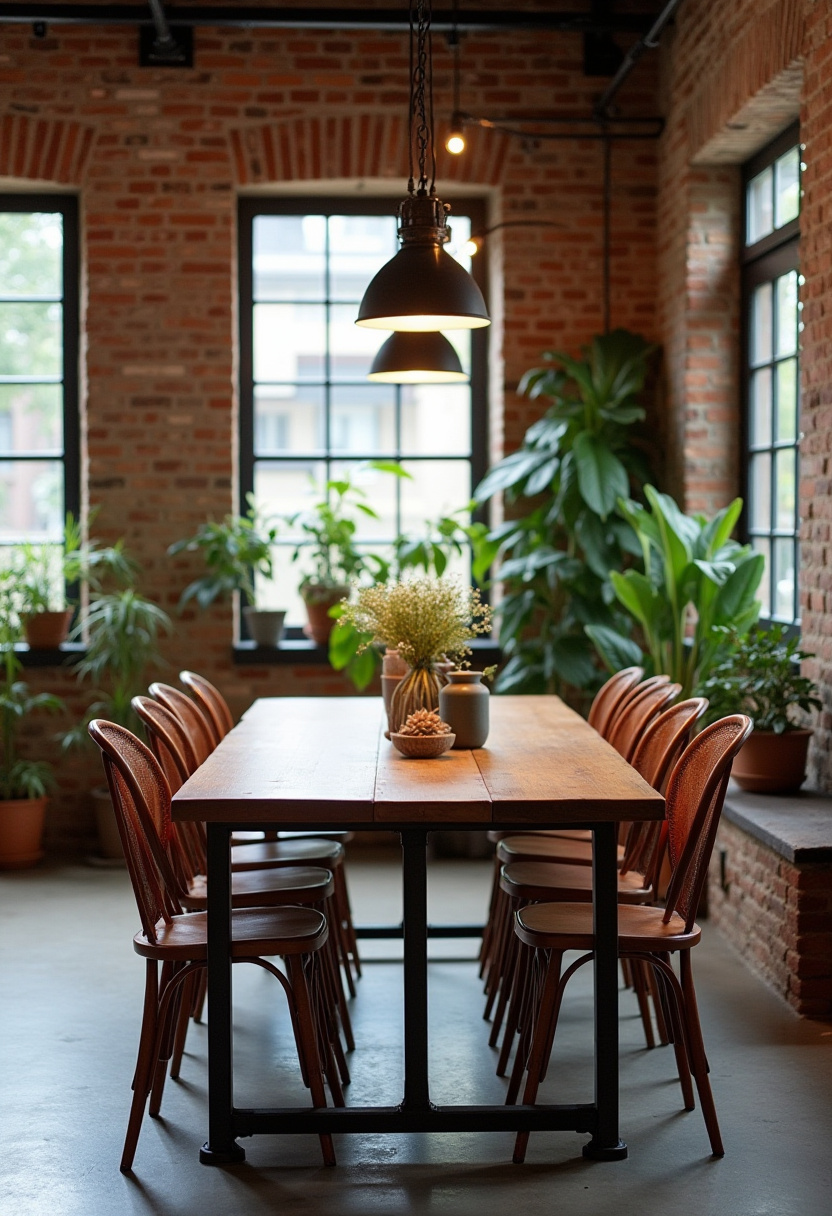 Step into the bold charm of this industrial-style dining room, where rugged textures meet modern comfort. Featuring a sturdy wooden table, eight chairs, and striking black pendant lights, the space is brought to life by large plants against exposed brick walls and tall windows. Perfect for fans of urban loft decor, industrial interiors, and greenery accents. Pin this for your next edgy dining room update and follow for more stylish, urban home ideas!
#IndustrialStyle #LoftLiving #UrbanDecor #ExposedBrick #DiningRoomInspo #ModernIndustrial #GreeneryDecor #PinterestHome