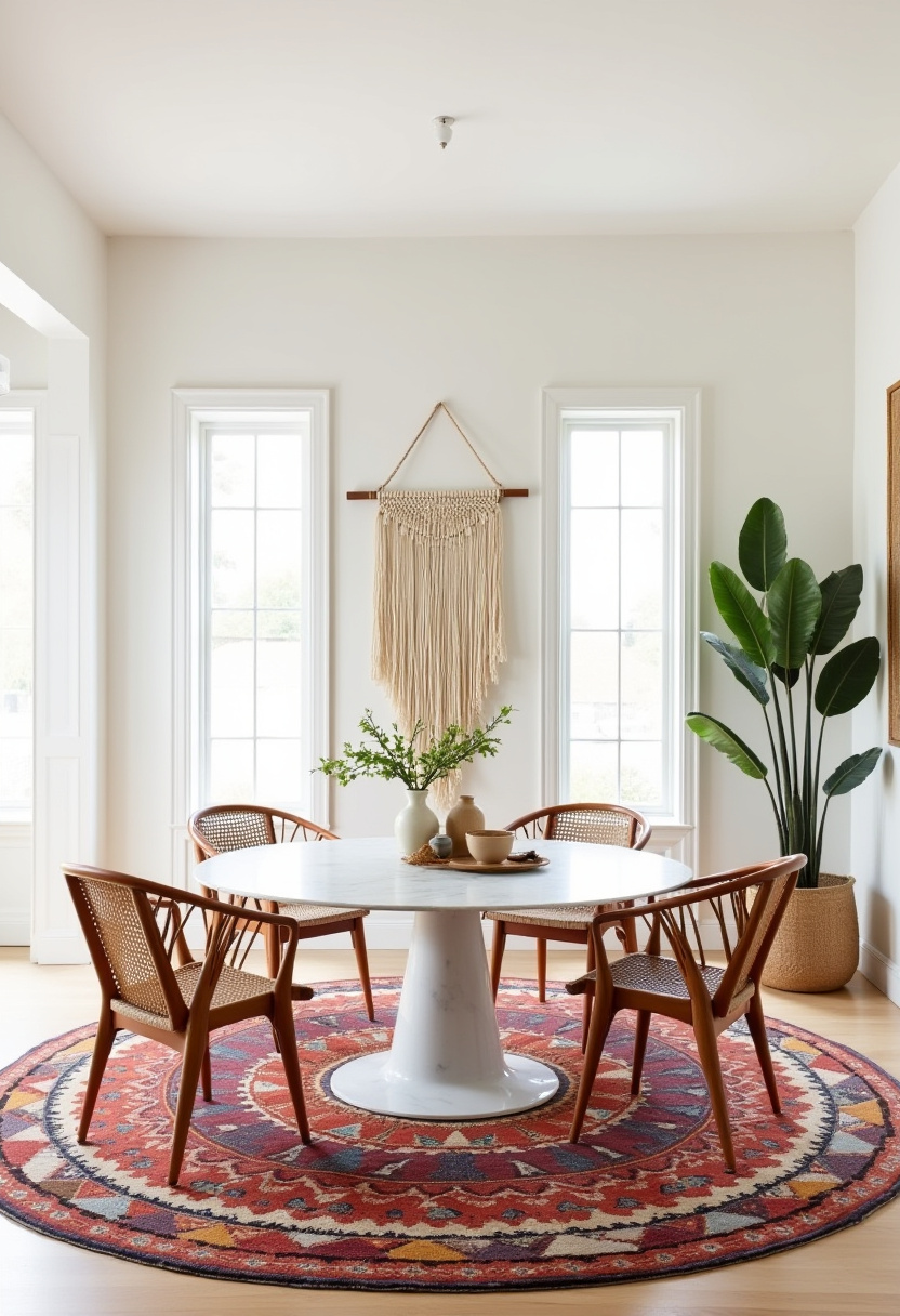 Light-filled and full of personality, this bright dining room combines a round table and wooden chairs with a vibrant red-patterned rug for a cozy yet lively vibe. Large windows flood the space with natural light, while a macramé wall hanging and lush potted plant add texture and warmth. Perfect for fans of boho chic, colorful interiors, and inviting home decor. Pin this for your next dining room refresh and follow for more vibrant design inspiration!
#BrightDiningRoom #BohoChic #ColorfulInteriors #MacrameDecor #CozyHomeVibes #DiningRoomInspo #NaturalLight #PinterestHome