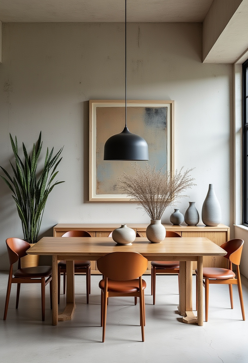 Elevate your dining experience with this modern dining room featuring a sleek wooden table and six brown chairs. Elegant ceramic vases, a striking black pendant lamp, and a large painting paired with a tall plant add artistic flair and warmth. Perfect for lovers of contemporary interiors, modern elegance, and stylish home decor. Pin this for your next dining room update and follow for more sophisticated design inspiration!
#ModernDiningRoom #ContemporaryDecor #ElegantInteriors #CeramicVases #BlackPendantLamp #DiningRoomInspo #HomeStyle #PinterestDecor