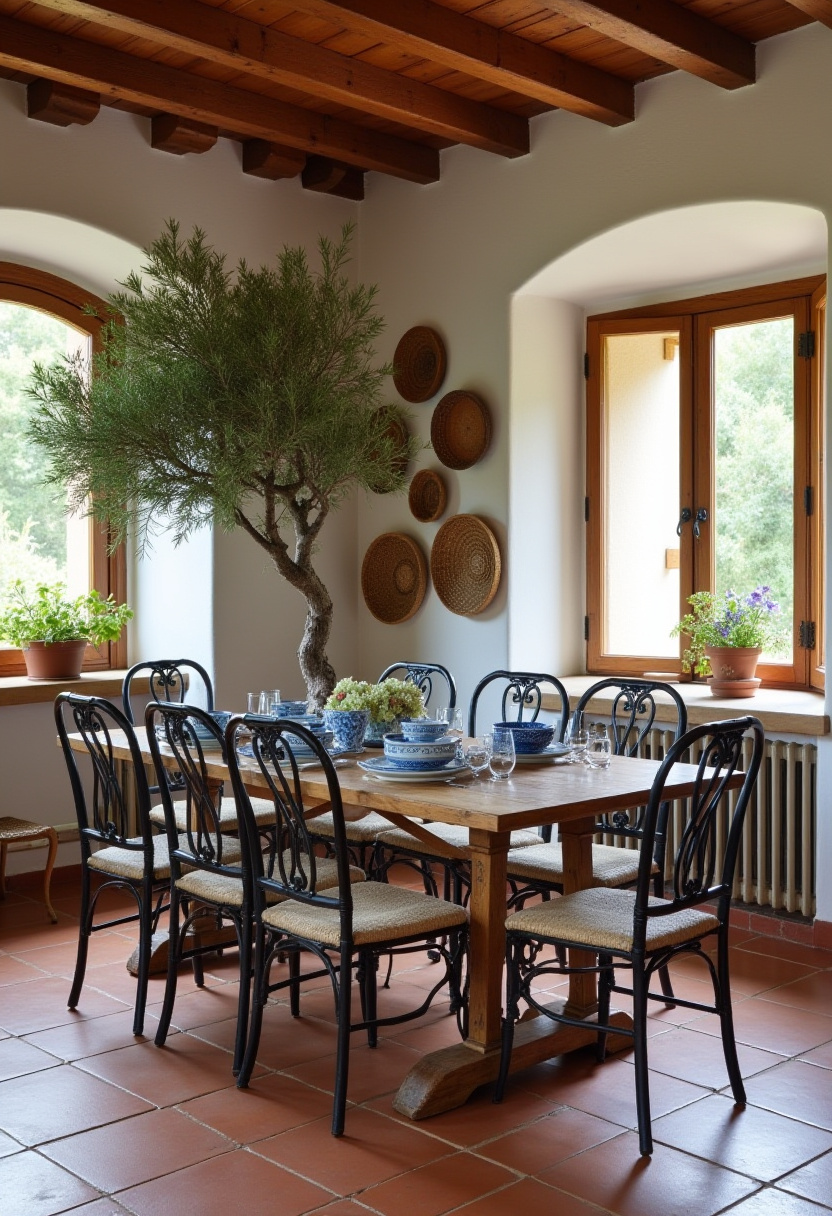 Embrace rustic elegance in this spacious dining room featuring a large wooden table set for eight with striking black wrought iron chairs. Olive trees, wicker baskets, and lush potted plants bring natural charm and a cozy, earthy vibe. Perfect for lovers of farmhouse style, rustic decor, and warm, inviting spaces. Pin this for your next dining room inspiration and follow for more timeless home design ideas!
#RusticDiningRoom #FarmhouseStyle #WroughtIronChairs #NaturalDecor #CozyInteriors #DiningRoomInspo #PinterestHome #EarthyVibes