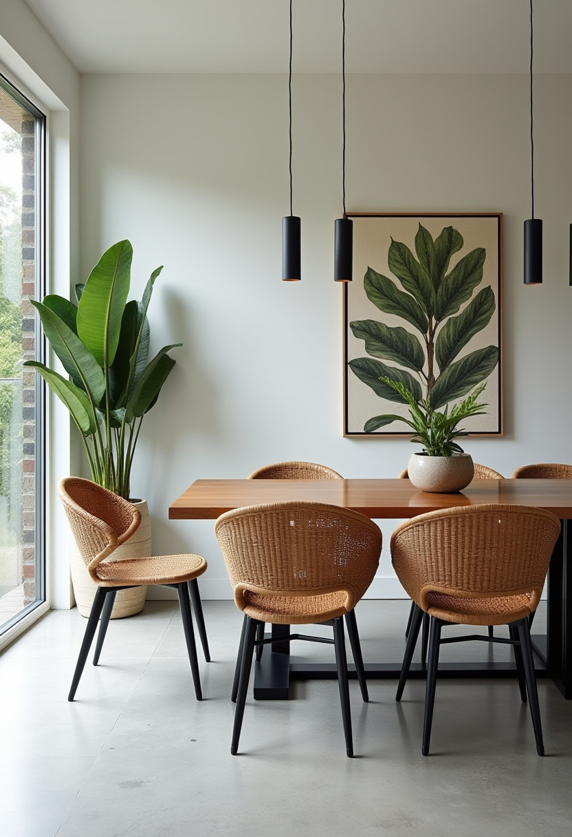 Step into a bright and airy modern dining room where natural textures meet elegant details. A wooden table paired with wicker chairs creates a warm foundation, while a large potted plant and botanical print bring fresh, organic vibes. Hanging pendant lights add the perfect touch of sophistication—ideal for fans of modern farmhouse, Scandinavian style, and nature-inspired interiors. Pin this look for your next home refresh and follow for more stylish, serene dining room ideas!
#ModernDiningRoom #WickerChairs #BotanicalDecor #ScandinavianStyle #NaturalTextures #BrightInteriors #DiningRoomInspo #PinterestHome
