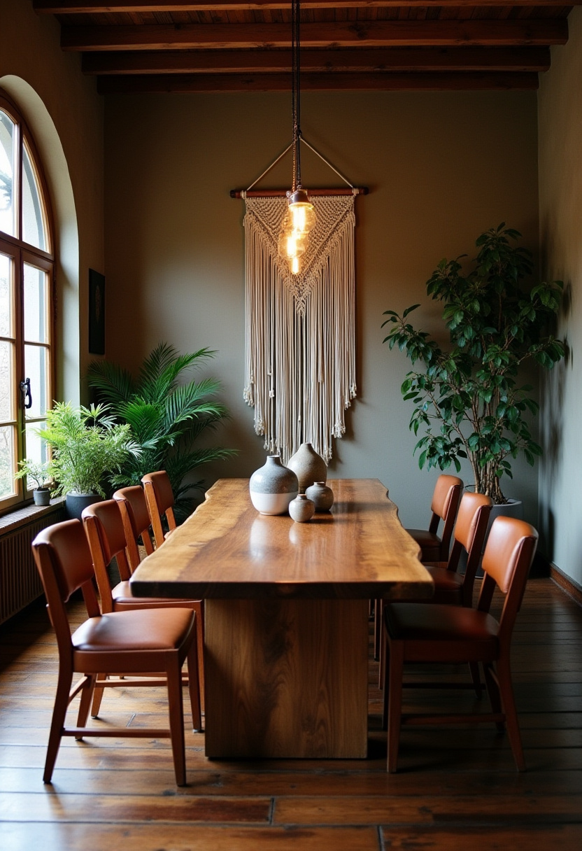 Create a cozy, rustic dining space with this inviting room featuring a wooden table and six brown chairs. Beautiful ceramic vases, a textured macramé wall hanging, and lush plants add warmth and natural charm. Perfect for lovers of farmhouse style, boho decor, and cozy interiors. Pin this for your next dining room makeover and follow for more rustic home inspiration!
#RusticDiningRoom #FarmhouseStyle #BohoDecor #MacrameWallArt #CozyInteriors #DiningRoomInspo #PinterestHome #NaturalDecor