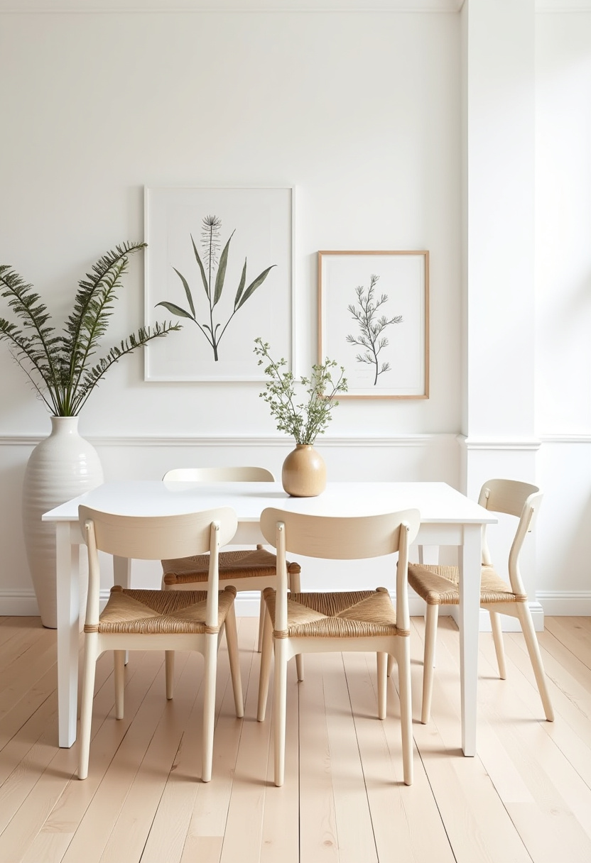 Discover the beauty of simplicity in this minimalist dining area, featuring a sleek white table and four beige chairs. A small vase of greenery and two botanical prints on the crisp white wall create a calm, natural atmosphere—perfect for fans of minimalist decor, Scandinavian style, and serene interiors. Pin this for your next peaceful dining room update and follow for more calming home inspiration!
#MinimalistDiningRoom #ScandinavianStyle #BotanicalDecor #CalmInteriors #NaturalTextures #DiningRoomInspo #PinterestHome #SereneSpaces