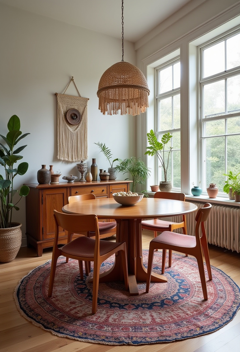 Transform your space with this cozy boho dining room featuring a round wooden table and four chairs set on a vibrant patterned rug. The macramé wall hanging, lush potted plants, and handcrafted ceramics add layers of texture and warmth, perfect for lovers of bohemian decor, eclectic interiors, and natural elements. Pin this for your next cozy corner makeover and follow for more boho-chic inspiration!
#BohoDiningRoom #CozyInteriors #MacrameDecor #NaturalTextures #EclecticStyle #DiningRoomInspo #PinterestHome #BohoChic