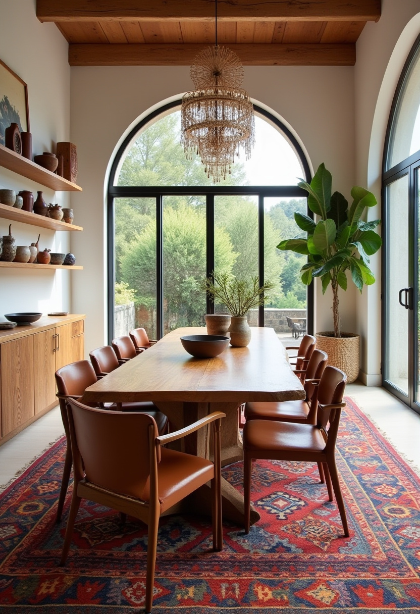 Elegant yet inviting, this dining room blends classic charm with cozy details. The wooden table and brown chairs rest on a red patterned rug, while a large arched window, potted greenery, and shelves filled with pottery add warmth and character. Ideal for those who love traditional dining spaces, vintage home decor, and timeless interior design. Save this pin for elegant dining room inspiration and follow for more curated home style ideas!
#DiningRoomDesign #TraditionalHome #VintageDecor #ElegantInteriors #HomeInspiration #InteriorDetails #PinterestStyle