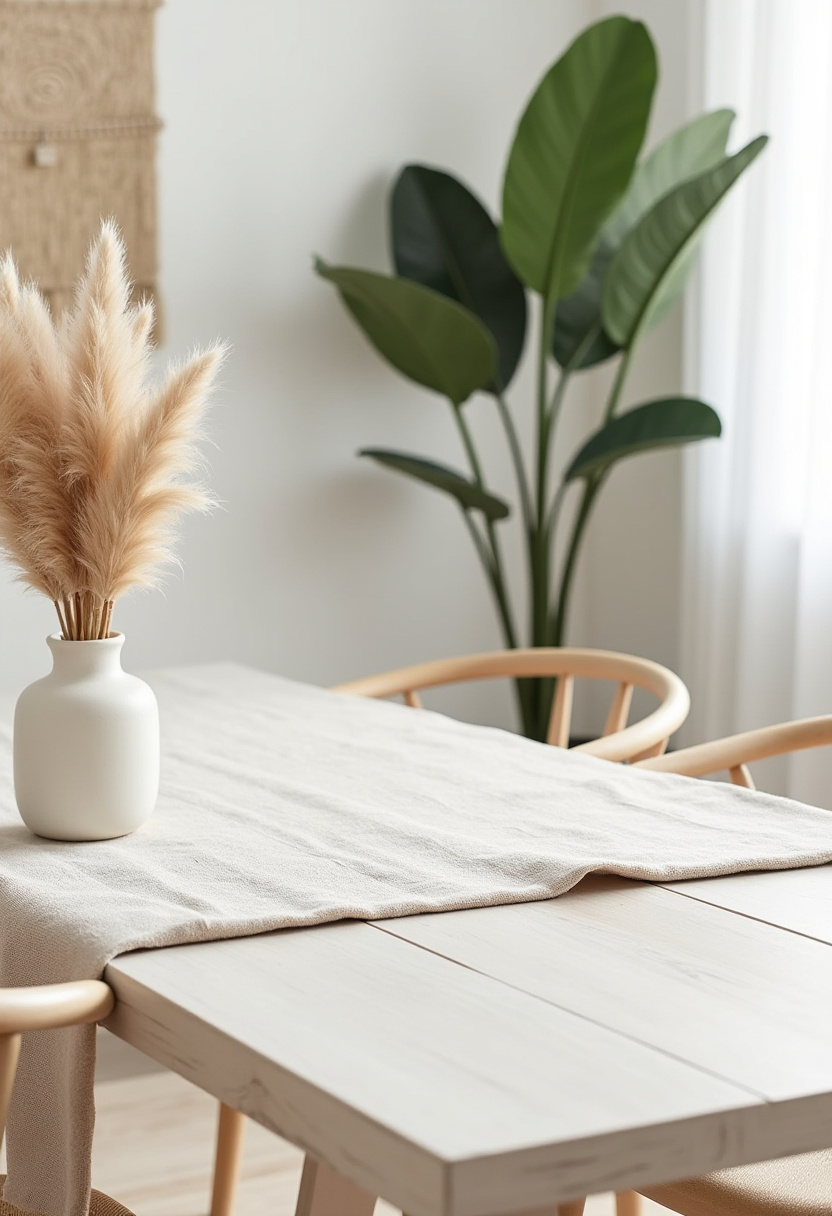 Serenity meets style in this minimalist dining setup, perfect for lovers of clean, calming spaces. The cream cloth runner, beige pampas grass centerpiece, and soft natural light create a peaceful ambiance, while a touch of greenery adds life and balance. A must-save for fans of minimalist decor, neutral home aesthetics, and Japandi-inspired interiors. Pin now for your next calm and cozy dining room refresh!
#MinimalistDecor #NeutralHome #JapandiStyle #DiningRoomInspo #PampasGrassDecor #SereneSpaces #HomeAesthetic #PinterestInteriors