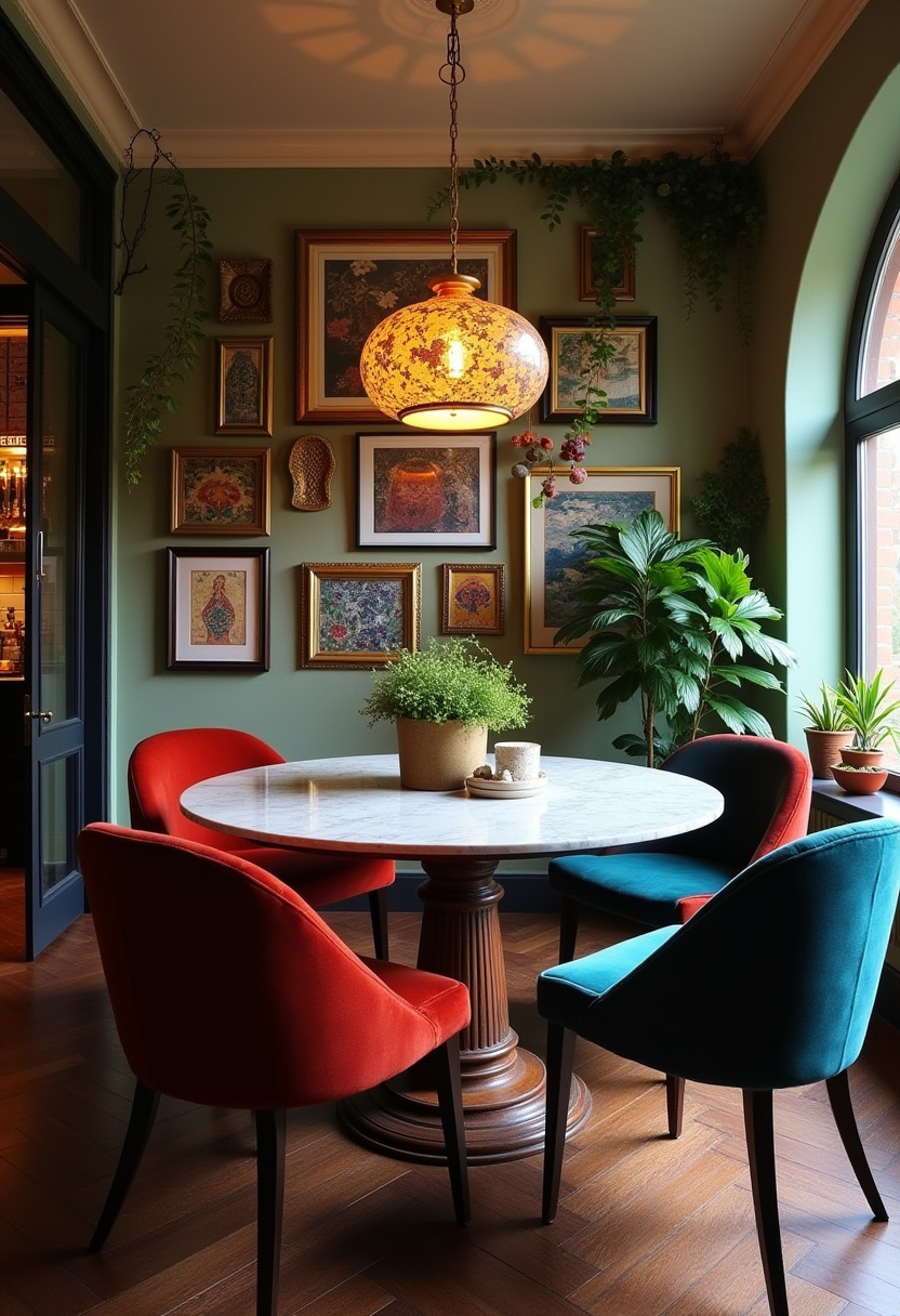 Bold meets cozy in this inviting dining space that blends color and comfort effortlessly. A round marble table anchors the room, surrounded by vibrant red and teal chairs, warm pendant lighting, and lush green plants—all set against soft green walls with charming framed artwork. Perfect for those who love colorful interiors, eclectic decor, and cozy dining room ideas. Save this pin for your next home inspiration and follow for more vibrant interior styles!
#CozyDiningRoom #ColorfulInteriors #EclecticDecor #MarbleTable #DiningRoomInspo #HomeDecorGoals #PinterestInteriors #BoldAndCozy