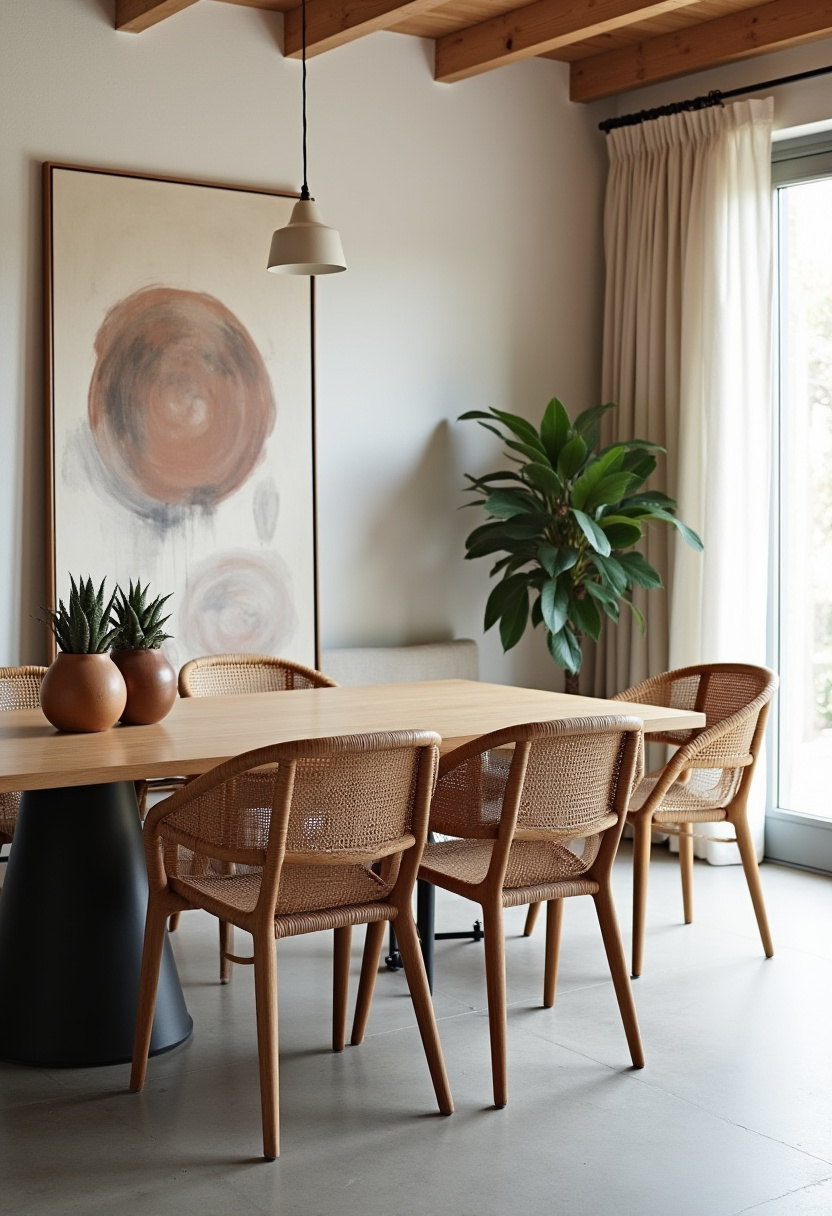 Elevate your space with the calm elegance of this modern dining room. Featuring a light wood table, wicker chairs, and potted plants, this setup blends clean lines with organic textures. A large abstract painting and soft natural light complete the cozy, serene vibe—perfect for lovers of modern minimalism, Scandinavian interiors, and earthy home decor. Save this pin for your next dining room upgrade and follow for more peaceful, modern home ideas!
#ModernDiningRoom #ScandiStyle #MinimalistDecor #WickerFurniture #DiningRoomInspo #CozyInteriors #EarthyVibes #PinterestHome