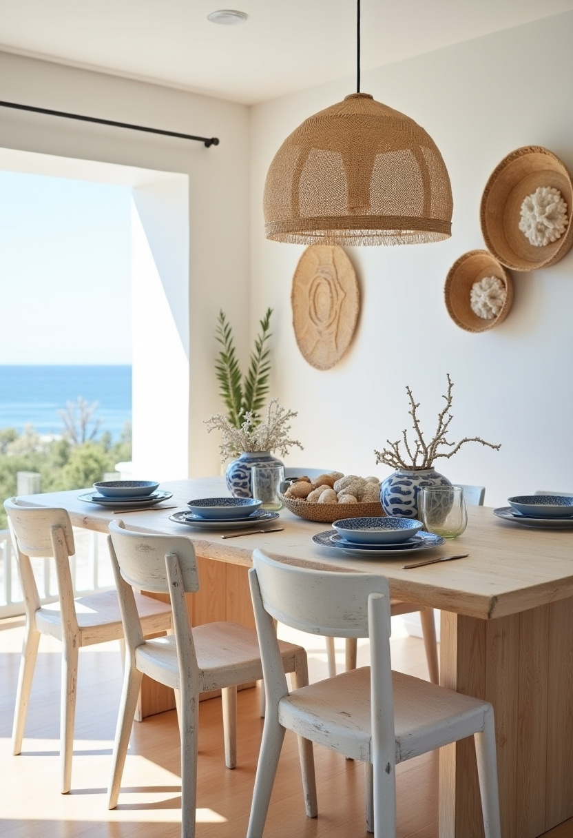 Breathe in the serenity of this coastal dining room, where relaxed beachy vibes meet effortless style. A light wooden table set for four with blue plates, wicker wall decor, and a woven pendant lamp create a calming, ocean-inspired space—perfectly framed by a stunning sea view. Ideal for lovers of coastal interiors, beach house decor, and airy, natural spaces. Save this pin to bring a touch of the coast to your home and follow for more breezy design ideas!
#CoastalDecor #BeachHouseVibes #DiningRoomInspo #WickerDecor #SeaViewStyle #CoastalLiving #NaturalInteriors #PinterestHomeStyle
