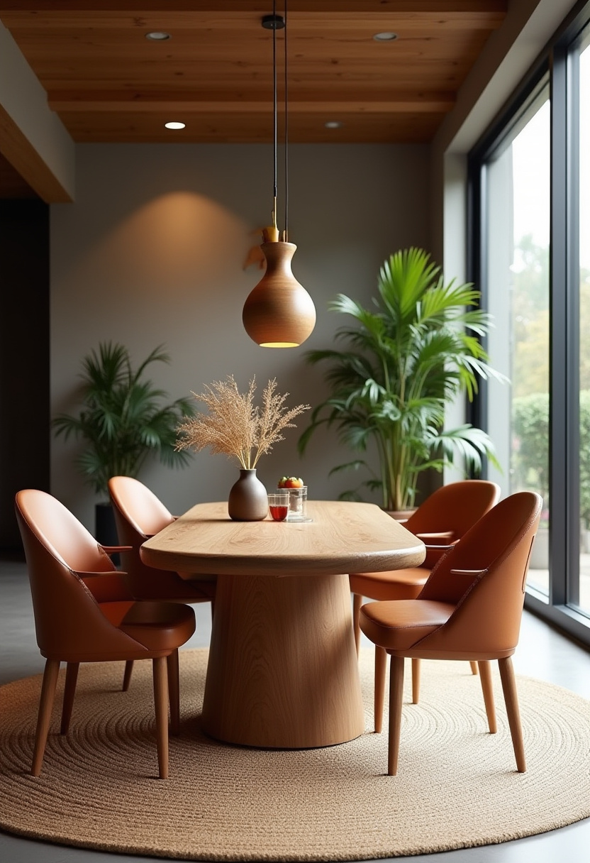 Create a cozy and modern dining area with this sleek wooden table paired with four brown leather chairs. The pendant lamp adds stylish lighting, while lush plants by large windows bring in natural warmth and freshness. Perfect for fans of contemporary design, natural decor, and inviting interiors. Pin this look for your next dining room update and follow for more modern home inspiration!
#ModernDiningRoom #LeatherChairs #NaturalDecor #CozyInteriors #PendantLighting #DiningRoomInspo #PinterestHome #ContemporaryStyle