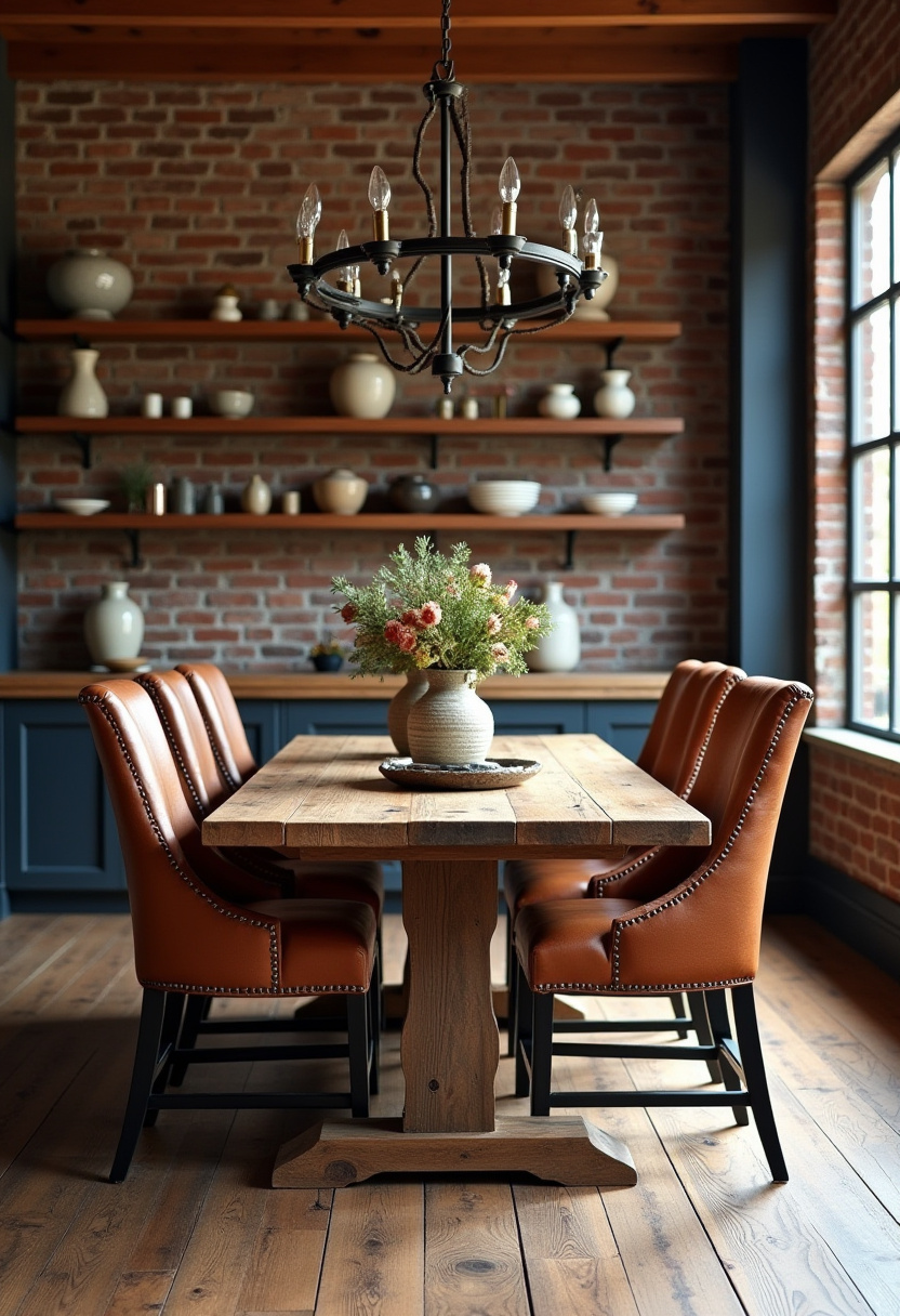 Experience cozy rustic charm in this dining room featuring a wooden table paired with rich leather chairs and a fresh vase of flowers. The exposed brick wall, warm lighting, and shelves filled with pottery add character and warmth, perfect for fans of farmhouse style, industrial decor, and inviting interiors. Pin this inspiring space for your next home makeover and follow for more rustic design ideas!
#RusticDiningRoom #LeatherChairs #ExposedBrick #FarmhouseStyle #CozyInteriors #DiningRoomInspo #PinterestHome #WarmLighting