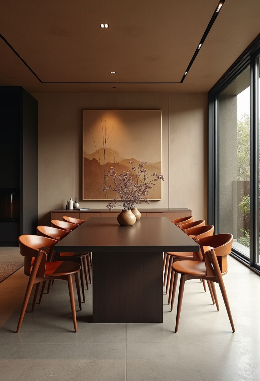 Make a statement with this modern dining room featuring a large wooden table and eight sleek brown chairs. A minimalist painting and a decorative vase with branches add subtle elegance, while soft natural light creates a serene atmosphere. Perfect for lovers of contemporary design, minimalist interiors, and stylish entertaining spaces. Pin this look for your next dining room upgrade and follow for more modern home inspiration!
#ModernDiningRoom #MinimalistDecor #ContemporaryStyle #WoodenTable #DiningRoomInspo #NaturalLight #PinterestHome #ElegantInteriors