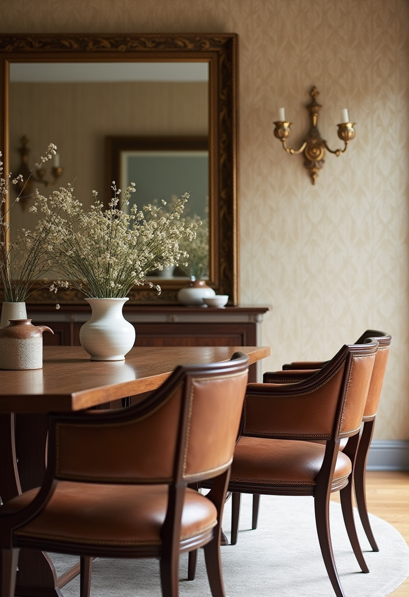 Elevate your dining space with this elegant room featuring a rich wooden table and sleek leather chairs. A large mirror reflects light and adds depth, while a white vase with delicate flowers brings a fresh, natural touch of sophistication. Perfect for lovers of modern luxury, classic decor, and refined interiors. Pin this for your next dining room makeover and follow for more timeless style inspiration!
#ElegantDiningRoom #LeatherChairs #ModernLuxury #SophisticatedInteriors #DiningRoomInspo #NaturalDecor #PinterestHome #ClassicStyle