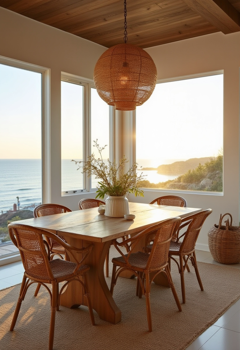 Experience cozy coastal living with this warm dining room featuring a wooden table and woven chairs, beautifully illuminated by a large wicker pendant light. The stunning ocean views through expansive windows at sunset create a serene and inviting atmosphere—perfect for lovers of coastal decor, boho style, and natural textures. Pin this dreamy space for your next home inspiration and follow for more cozy, seaside design ideas!
#CoastalDiningRoom #WovenFurniture #BohoDecor #OceanViews #WarmInteriors #DiningRoomInspo #PinterestHome #NaturalTextures