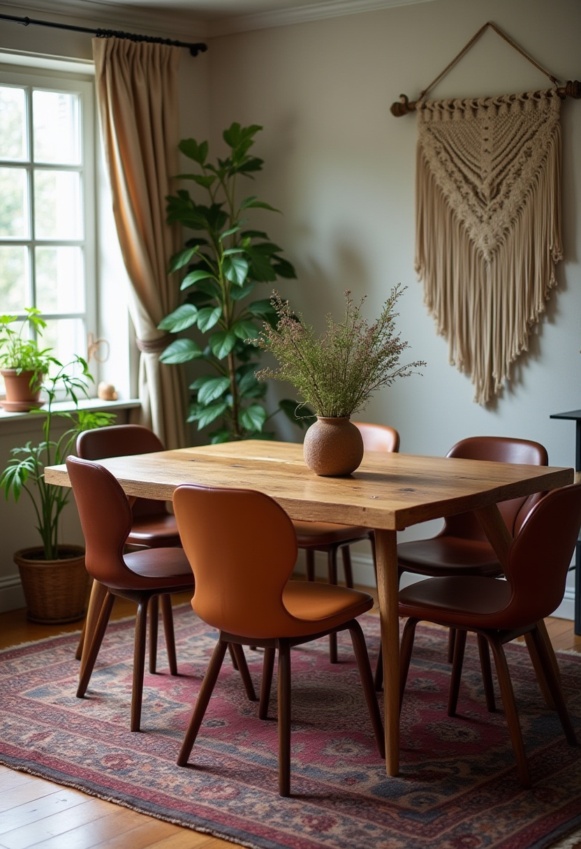 Create a cozy and inviting dining area with a wooden table surrounded by six brown chairs, accented by a vase of wildflowers and lush green plants near the window. The macramé wall hanging adds a touch of warmth and boho charm, making this space perfect for lovers of rustic decor, natural elements, and cozy interiors. Pin this for your next home refresh and follow for more warm, stylish dining room ideas!
#CozyDiningRoom #RusticDecor #BohoInteriors #MacrameWallArt #WildflowerDecor #NaturalTextures #DiningRoomInspo #PinterestHome