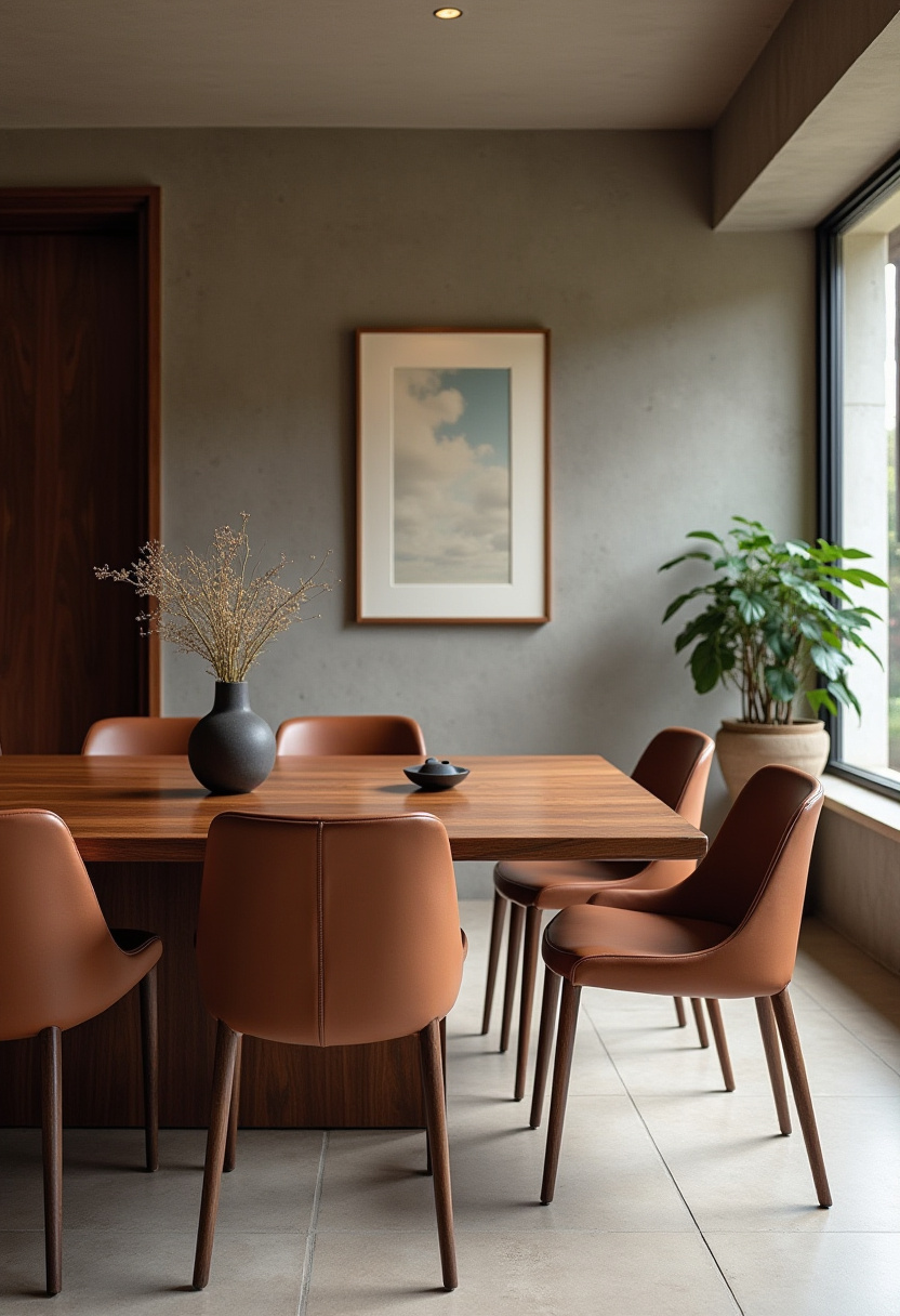Create a calm and stylish dining space with this modern room featuring a wooden table surrounded by six brown leather chairs. A dark vase with dried branches adds natural texture, while a green plant and framed sky photo bring soothing elements to the neutral-toned decor. Perfect for lovers of minimalist design, modern elegance, and serene interiors. Pin this look for your next dining room refresh and follow for more peaceful home inspiration!
#ModernDiningRoom #LeatherChairs #MinimalistDecor #NeutralInteriors #CalmSpaces #DiningRoomInspo #NaturalTextures #PinterestHome