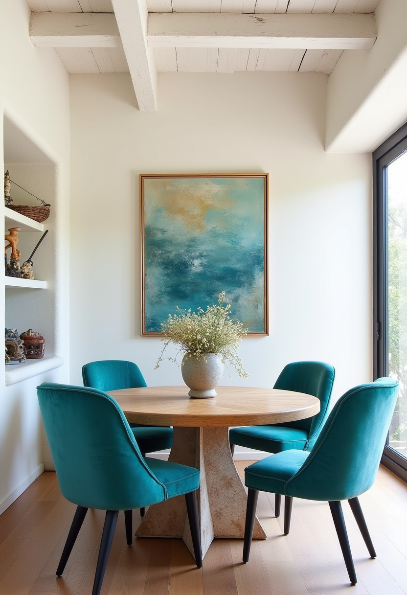 Experience calm and simplicity in this minimalist dining room featuring a light wood table and four white chairs resting on a beige rug. Elegant vases adorn the table, while ocean artwork on a soft blue wall adds a peaceful coastal touch. Perfect for lovers of serene interiors, coastal decor, and clean design. Pin this bright and soothing space for your next home update and follow for more minimalist inspiration!
#MinimalistDiningRoom #CoastalDecor #SereneInteriors #OceanArtwork #BrightSpaces #DiningRoomInspo #PinterestHome #CleanDesign