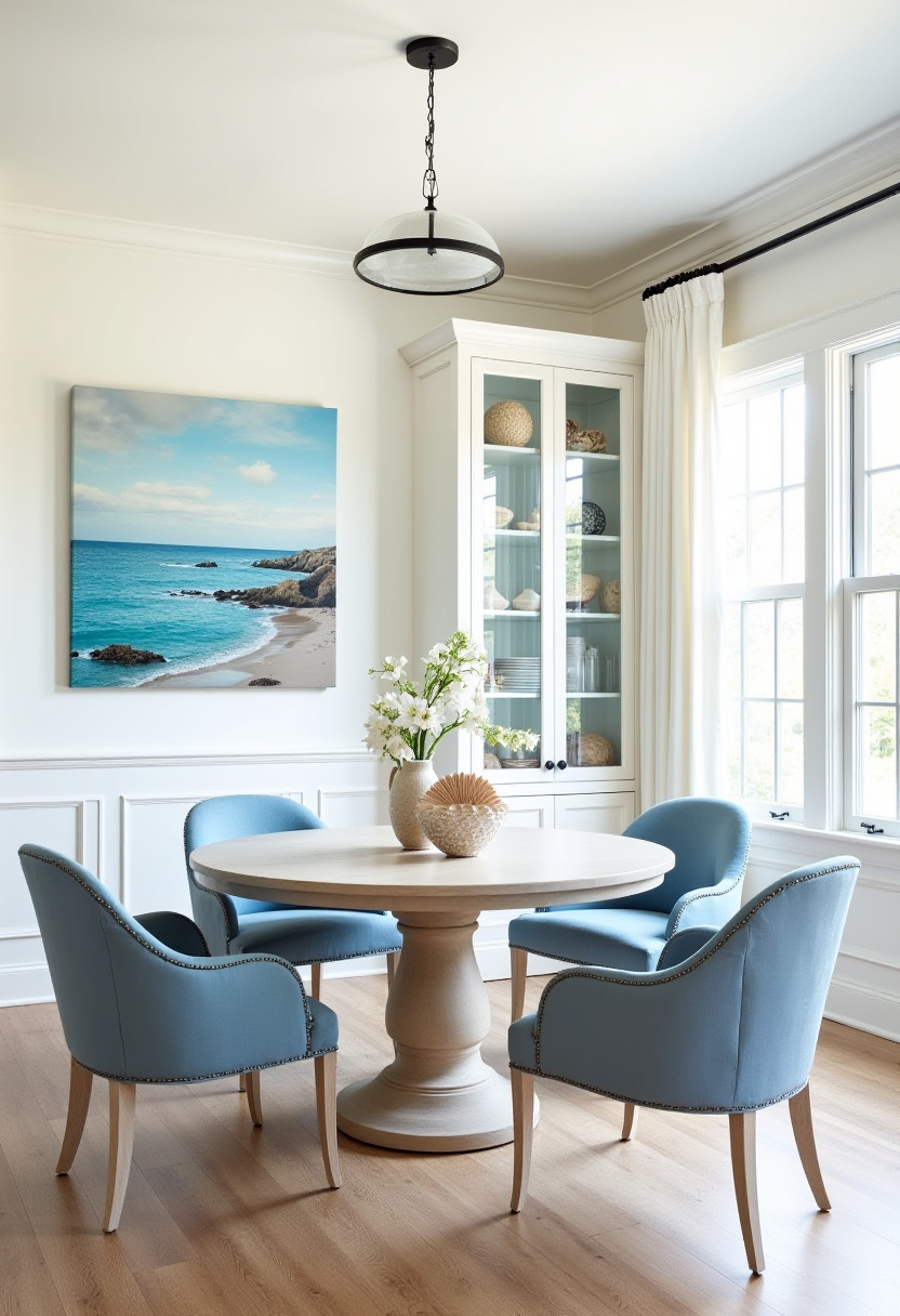 Experience minimalist elegance in this dining room featuring a sleek glass table paired with six blue chairs. White vases add simple sophistication, while a framed sailboat photo on the white wall brings a calm, nautical vibe. Perfect for lovers of coastal decor, clean lines, and serene interiors. Pin this stylish space for your next home refresh and follow for more nautical-inspired inspiration!
#MinimalistDiningRoom #NauticalDecor #GlassTable #BlueChairs #CoastalStyle #SereneInteriors #DiningRoomInspo #PinterestHome
