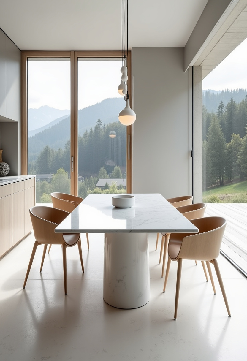 Experience tranquility in this modern dining room featuring a sleek white marble table surrounded by four wooden chairs. Large windows showcase stunning mountain and forest views, bringing nature’s calm indoors. Perfect for lovers of minimalist design, natural light, and serene spaces. Pin this peaceful dining room idea and follow for more modern home inspiration!
#ModernDiningRoom #MarbleTable #WoodenChairs #MountainView #SereneSpaces #DiningRoomInspo #PinterestHome #MinimalistDesign