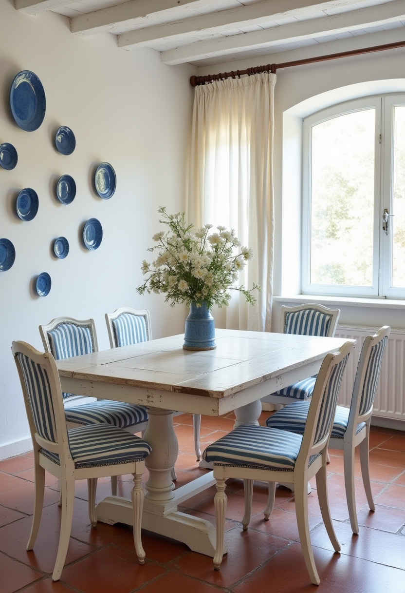 Bring fresh charm to your home with this bright dining room featuring a rustic white table and blue-striped chairs. Blue plates adorn the wall, complementing the vase of flowers on the table, while natural light floods the space for a cheerful, inviting vibe. Perfect for lovers of farmhouse style, coastal decor, and cozy gatherings. Pin this delightful dining room idea and follow for more bright, beautiful inspiration!
#BrightDiningRoom #RusticTable #BlueStripedChairs #CoastalDecor #FarmhouseStyle #NaturalLight #DiningRoomInspo #PinterestHome
