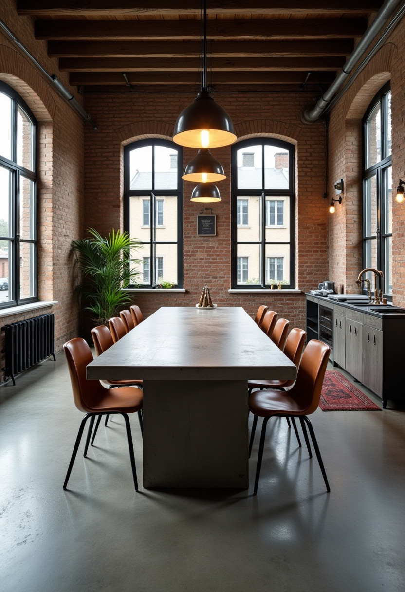 Transform your loft kitchen with this spacious design featuring a large concrete table surrounded by vibrant orange chairs. Pendant lights illuminate the space, while exposed brick walls, wooden beams, and a tall plant add warmth and industrial charm. Perfect for fans of modern loft living, industrial style, and bold accents. Pin this stunning kitchen idea and follow for more inspiring home decor!
#LoftKitchen #ConcreteTable #OrangeChairs #IndustrialStyle #ExposedBrick #WarmInteriors #KitchenInspo #PinterestHome