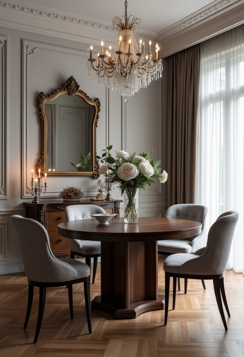 Step into elegance with this beautiful dining room featuring a round wooden table surrounded by sleek gray chairs. A vase of fresh white roses and a sparkling chandelier add timeless charm, while an ornate mirror enhances the sophisticated ambiance. Perfect for lovers of classic design, floral accents, and cozy gatherings. Pin this elegant dining room idea and follow for more stylish home inspiration!
#ElegantDiningRoom #WoodenTable #GrayChairs #WhiteRoses #Chandelier #OrnateMirror #DiningRoomInspo #PinterestHome