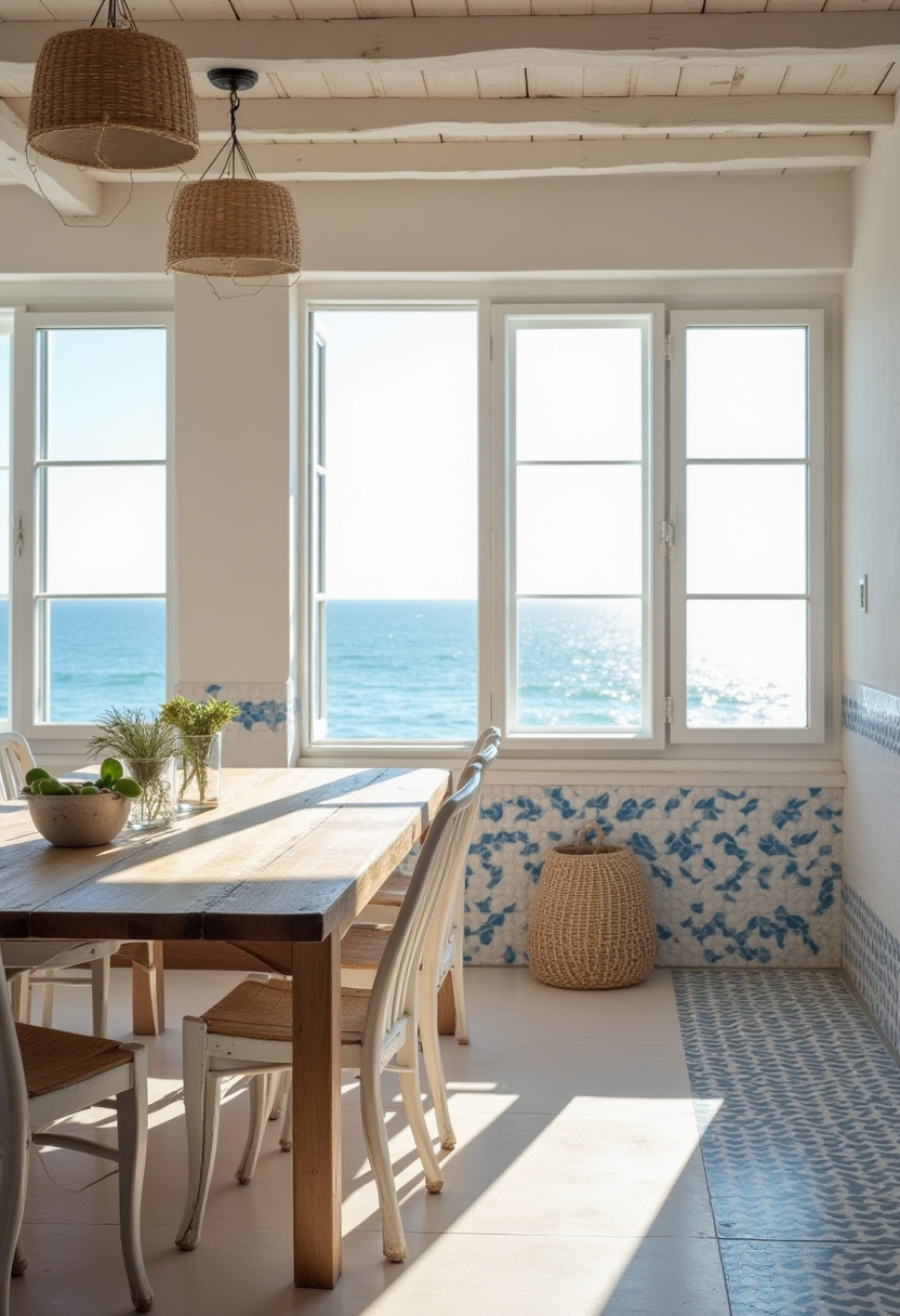 Breathe in coastal calm with this bright dining room featuring a wooden table and crisp white chairs, perfectly framed by large windows showcasing stunning ocean views. Wicker lamps add natural texture, creating a serene and inviting atmosphere ideal for beach lovers and nature-inspired interiors. Pin this coastal dining room idea and follow for more fresh, airy home inspiration!
#CoastalDiningRoom #OceanView #WoodenTable #WhiteChairs #WickerLamps #SereneAtmosphere #BeachHouseDecor #PinterestHome