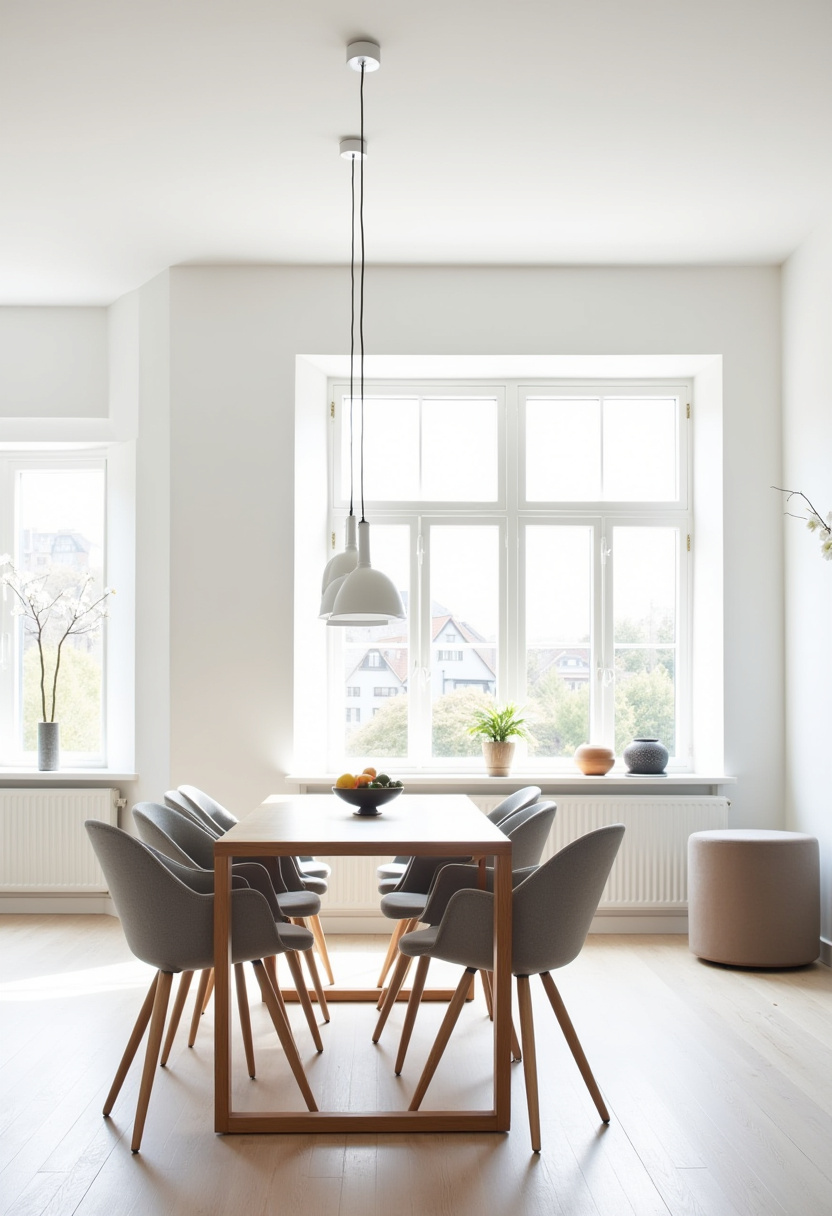 Elevate your home with this sleek minimalist dining room showcasing a chic wooden table and six stylish grey chairs! Bathed in natural sunlight streaming through large windows, the serene atmosphere is enhanced by modern pendant lights, perfect for a clean, contemporary vibe. Get inspired to craft your own tranquil dining space with this effortlessly elegant design. Pin now to start your minimalist home decor journey! #MinimalistDining #ModernDecor #SereneSpaces #HomeInspiration