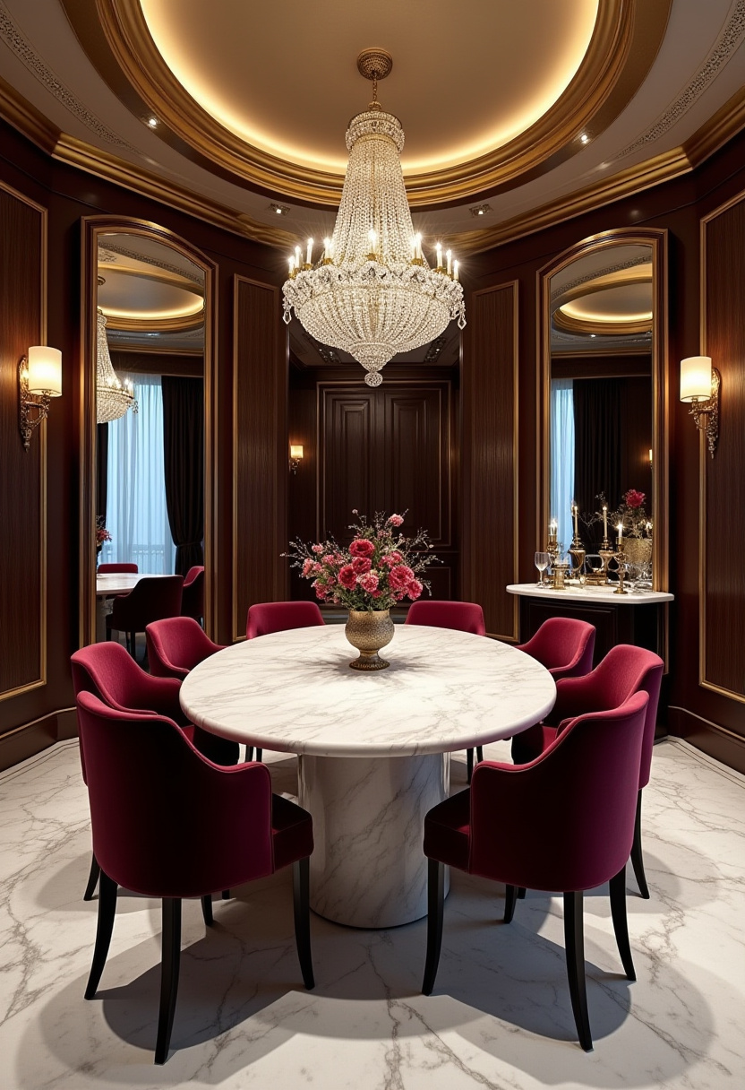 Indulge in luxury with this elegant dining room featuring a stunning round marble table paired with plush red velvet chairs! The grand crystal chandelier casts a warm, opulent glow, creating a luxurious ambiance perfect for sophisticated gatherings. Transform your space with this timeless, glamorous design. Pin now to inspire your next upscale home decor project! #ElegantDining #LuxuryDecor #MarbleTable #ChandelierGoals