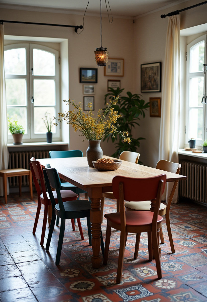 Brighten your home with this vibrant dining room featuring a rustic wooden table surrounded by colorful chairs on eye-catching patterned tiles! A cheerful vase of yellow flowers and tasty snacks add a cozy, inviting touch, perfect for lively gatherings. Create your own warm, eclectic dining space with this inspiring look. Pin now to spark your next home decor adventure! #EclecticDining #CozyHome #ColorfulDecor #RusticCharm