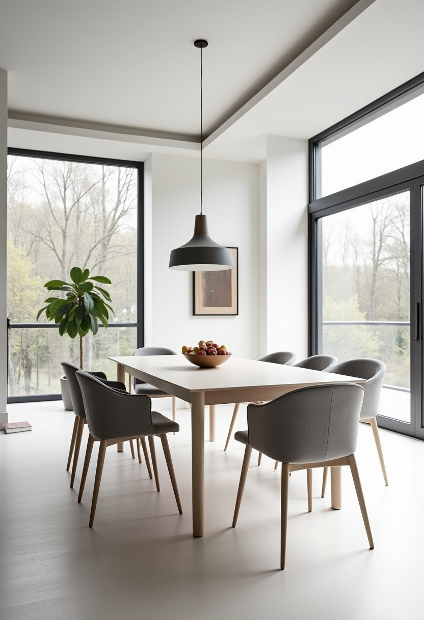 Elevate your space with this modern dining room featuring a light wooden table surrounded by six sleek gray chairs. A pendant lamp casts a warm glow over a fresh bowl of fruit, while large windows showcase tranquil tree views. Perfect for lovers of modern design, natural light, and cozy simplicity. Pin this stylish dining room idea and follow for more fresh home inspiration!
#ModernDiningRoom #LightWoodTable #GrayChairs #PendantLamp #NaturalLight #DiningRoomInspo #PinterestHome #CozyDesign