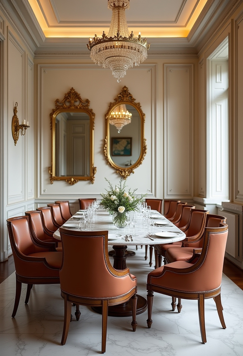 Experience luxury in this elegant dining room featuring a stunning long white marble table surrounded by vibrant orange leather chairs. A sparkling crystal chandelier and ornate mirrors elevate the space with timeless sophistication. Perfect for lovers of modern elegance, bold colors, and glamorous interiors. Pin this chic dining room idea for your next home makeover and follow for more luxe inspiration!
#ElegantDiningRoom #MarbleTable #OrangeLeatherChairs #CrystalChandelier #LuxuryInteriors #DiningRoomInspo #PinterestHome #GlamorousDesign
